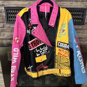 Faux Leather Jacket For Women Studded Rivet Floral Moto Biker Short 5X